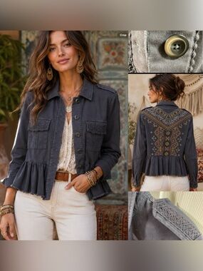 Knox Rose Gray Aztec Embroidered Long Sleeve Button Front Peplum Jacket XS